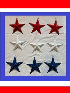 Set of Nine (9) 3 Red 3 White 3 Blue Painted Tin Stars 6 3/4" wide & tall 16006B